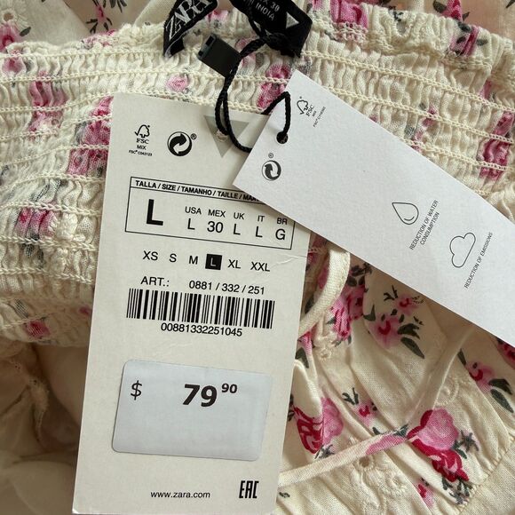 Zara Linen Floral Bustier Eyelet Smocked Midi Dress Size Large - Picture 11 of 12